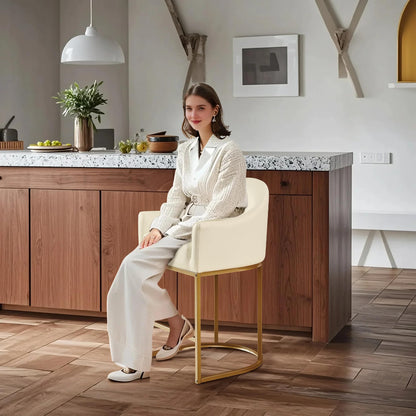 Counter Height Bar Stools Set of 2,Modern Counter Height Bar Stools,PU Leather Upholstered Barrel Barstools with Backs,26'' Kitchen Island Chairs,Metal Gold Frames,Beige White Leather