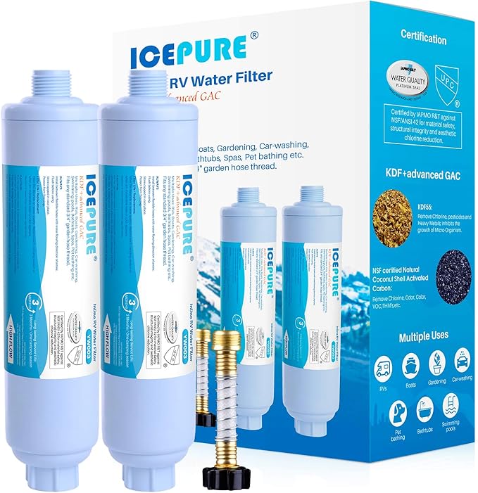 ICEPURE RV Water Filter system for Garden, RV, Pool, Camper, Marine, Boat Hose for Drinking, Car Washing, Gardening, Planting, Spa, Reduces Chlorine, Odors, with 1 flexible hose protector, 2PACK