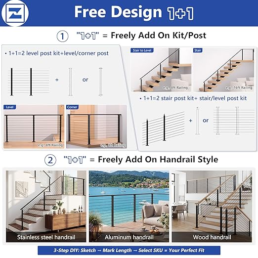 36" Modular 12-16FT Black T304 Cable Railing Post Kit, Complete Cable Railing System with 4 Level Posts & 177ft 1/8" Wire Rope(No Handrail), Adjustable Length Easy DIY for Decks/Porch