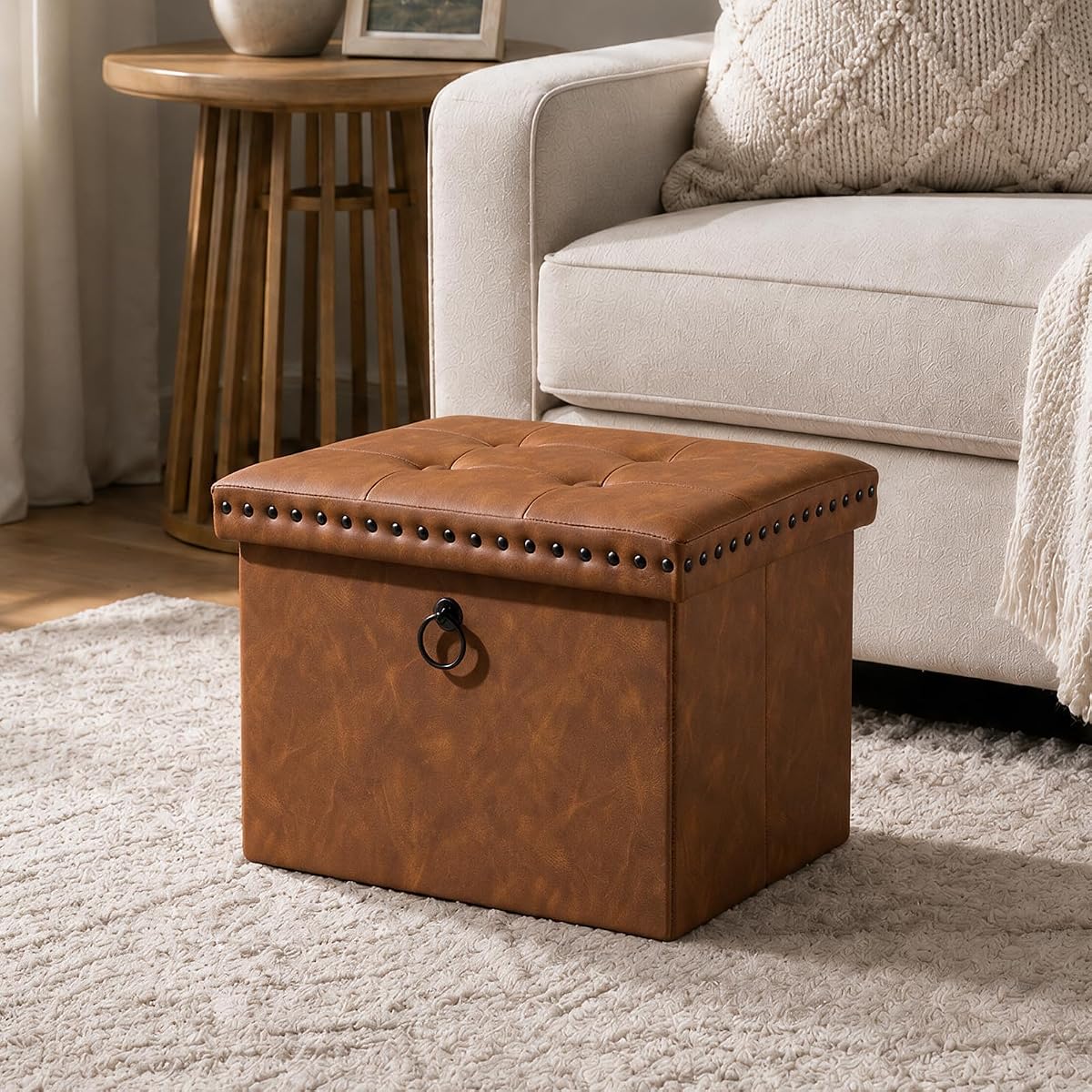 Folding Storage Ottoman 16x12x12 inches, Small Faux Leather Foot Rest Stool with Button Tufted Rivet Design, Footstool Bench, Ottoman with Storage for Living Room Bedroom Coffee Table, Brown