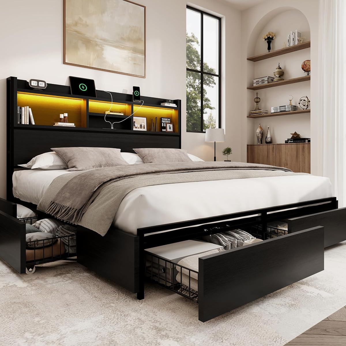 King Storage Bed Frame with 6 Drawers, USB Charging Station, No Noise, No Box Spring Required, Vintage Black Headboard Platform Bed
