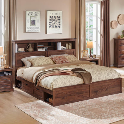 Farmhouse King Bed Frame, 52-Inch LED Storage Headboard, Brown