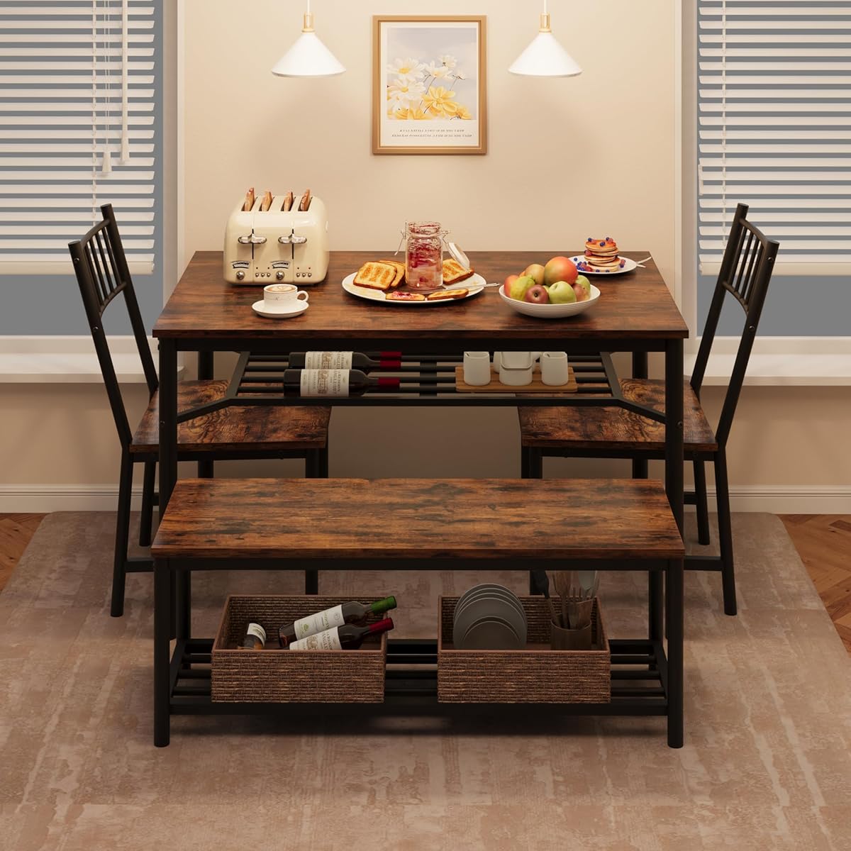 Dining Table Set for 4 with Bench and Chairs, 4-Piece Kitchen Table Set with Storage – Space-Saving Dining Table for Apartments and Dining Rooms, Brown