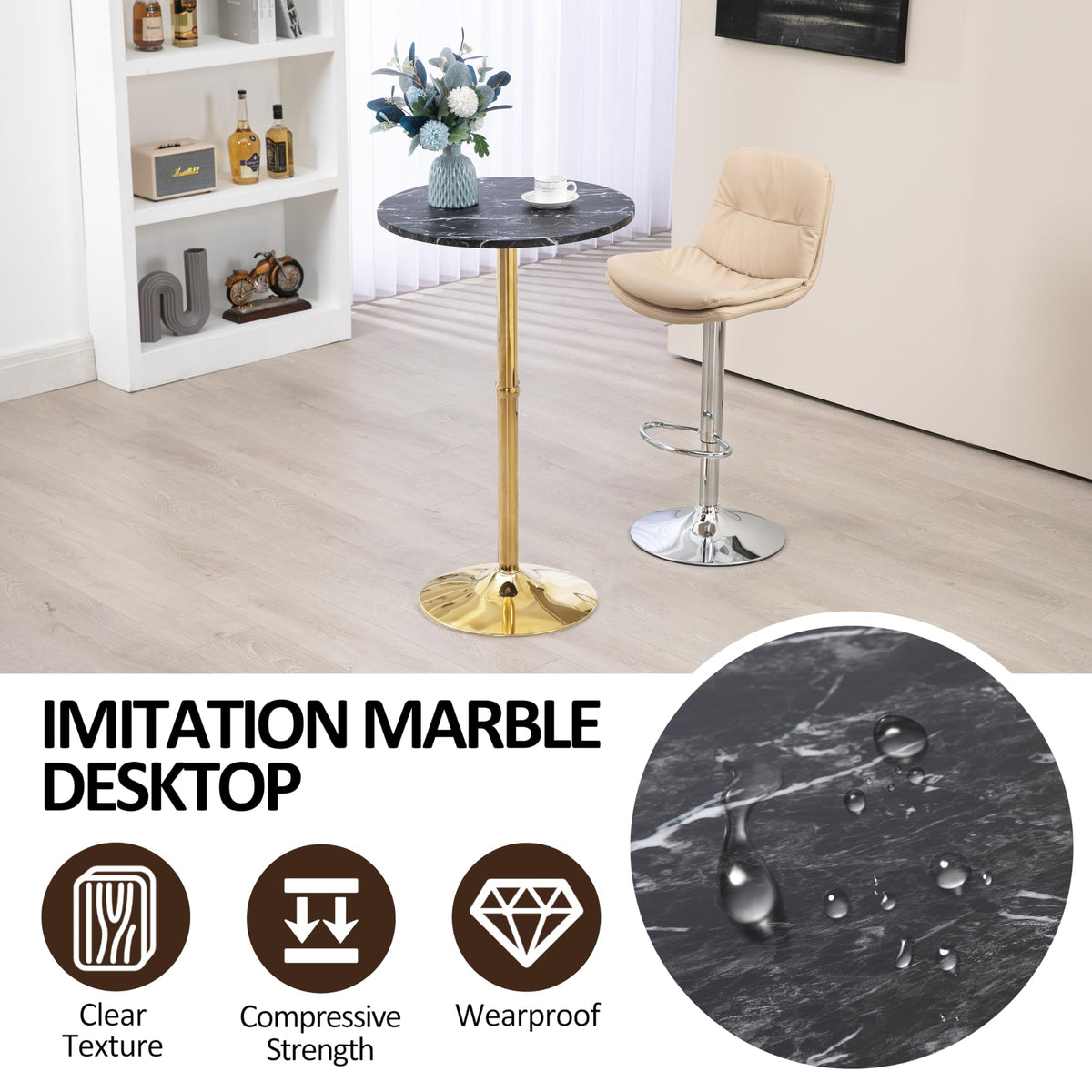 24" Round Cocktail Bar Table with Metal Base, Tall Bistro Pub Table, Counter Bar Height Table for Kitchen, Dining Room, Living Room, Easy Assembly, Black&Gold