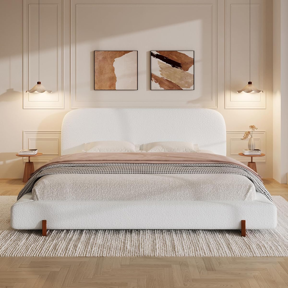 California King Size Bed Frame, Elegant Chenille Bed Frame with Unique Design Solid Wood Legs, Curve-Shaped Upholstered Platform Bed with 4-Inch Thick Double-Sided, 800 lb Capacity, White