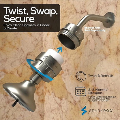 SparkPod 23-Stage Filtered Shower Head with 3 Spray Settings - High Pressure Shower Head with Filters for Dry Hair and Skin - Showerhead with Filter Reduces Chlorine & Heavy Metals (Brushed Nickel)