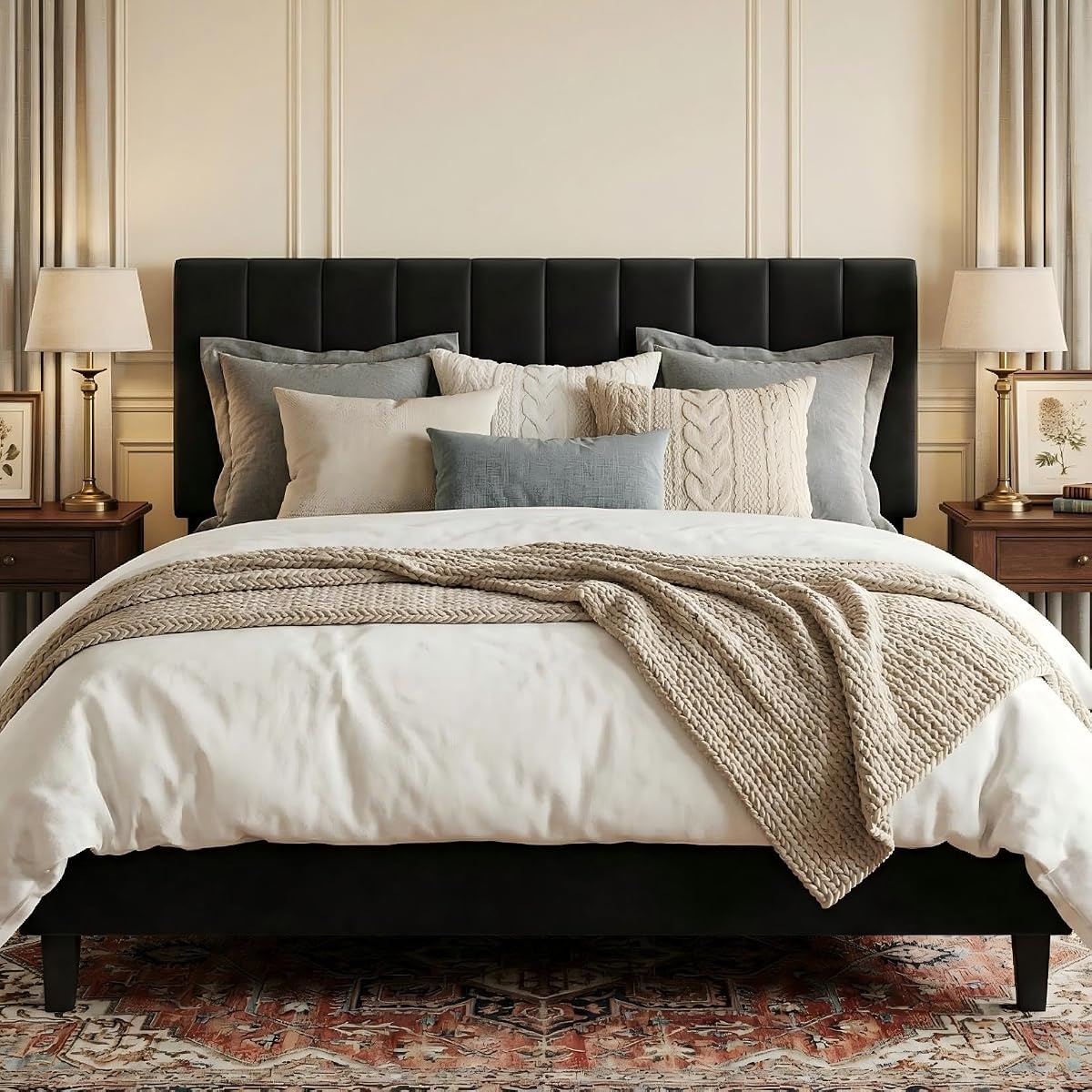 Full Size Platform Bed Frame with Upholstered Headboard, Black
