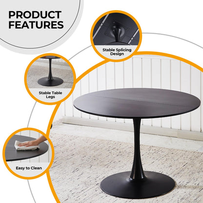 42" Tulip Table for 4-6 Persons Modern Round Dining Room Table, Mid-Century Modern Black Small Kitchen Table with MDF Wooden Top, Leisure Coffee Table for Living Room, Dining Room, Office
