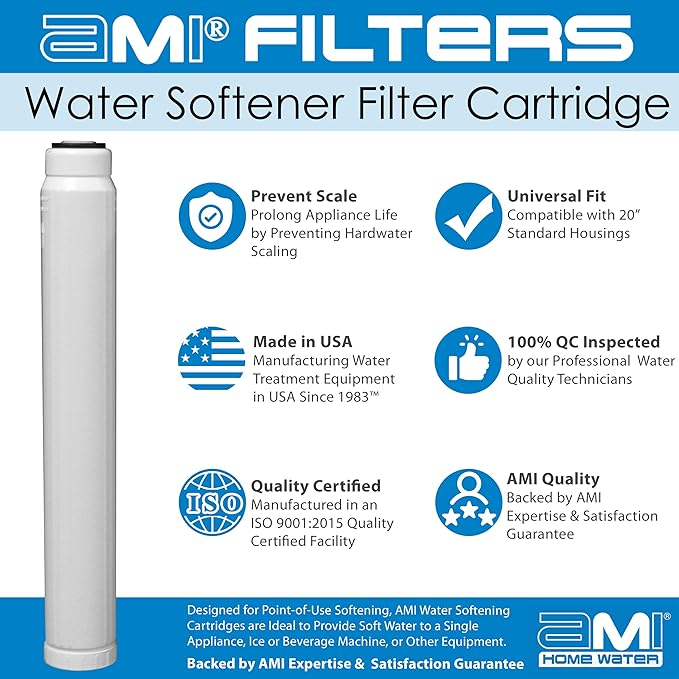 Water Softening Filter Cartridge | 20" Standard Universal Size | Ion Exchange Filter Softens Water | Great for Espresso and Washing Machines (20" Standard | 1 Pack)