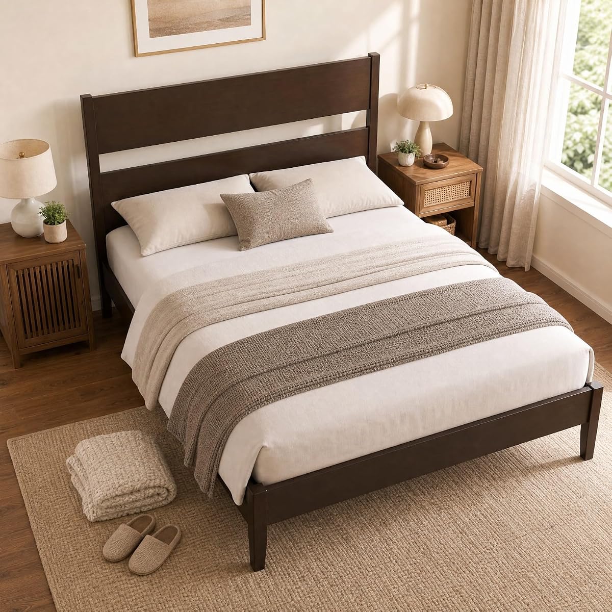 Queen Size Rubber Wood Bed Frame with Tall Headboard, Dark Brown