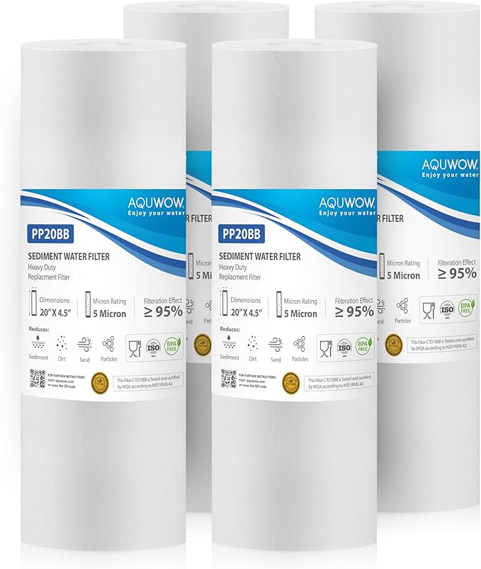 PP20BB 5 Micron 2.5" x 20" Filter Set – Sediment Replacement Cartridges for Whole House Water Filtration Systems, Universal Standard PP Filters (4, 20 x 2.5)