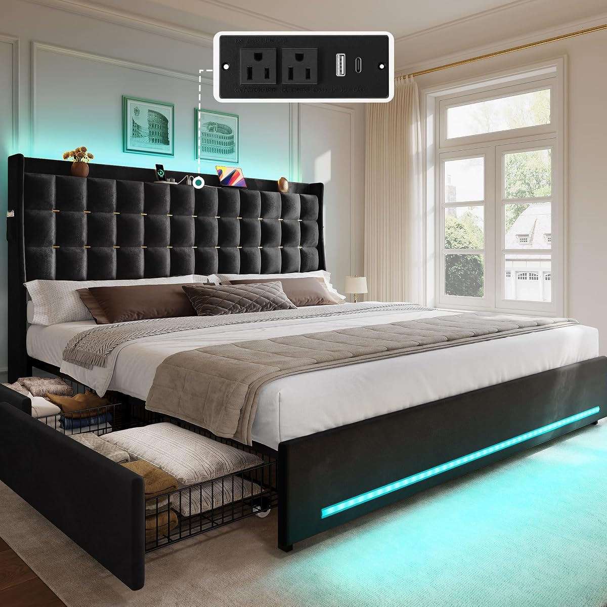 King Size Bed Frame, 4 Drawers and RGB LED Light,Charging Station