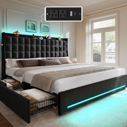 King Size Bed Frame, 4 Drawers and RGB LED Light,Charging Station