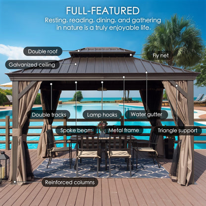 12' x 20' Hardtop Gazebo, Aluminum Frame with Galvanized Steel Double Roof, Outdoor Permanent Pavilion with Curtains and Netting for Patio, Backyard, Deck, Lawn (Brown)