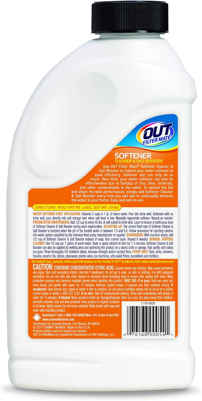 Out Filter Mate Water Softener Cleaner and Salt Booster Powder, 24 oz Bottle 2-Pack