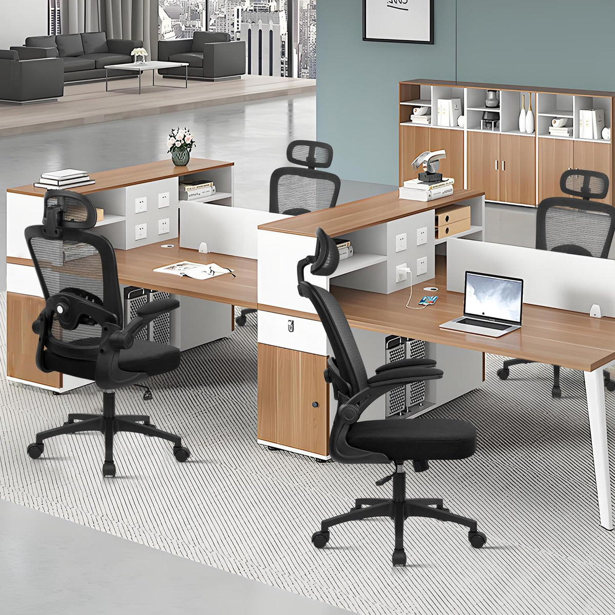 Home Office Desk Chair with Flip Up Armrests, Mesh Back Chair with Adjustable Height Lumbar Support and Headrest, Ergonomic Computer Task Chair for School, Conference, Black(2PK)