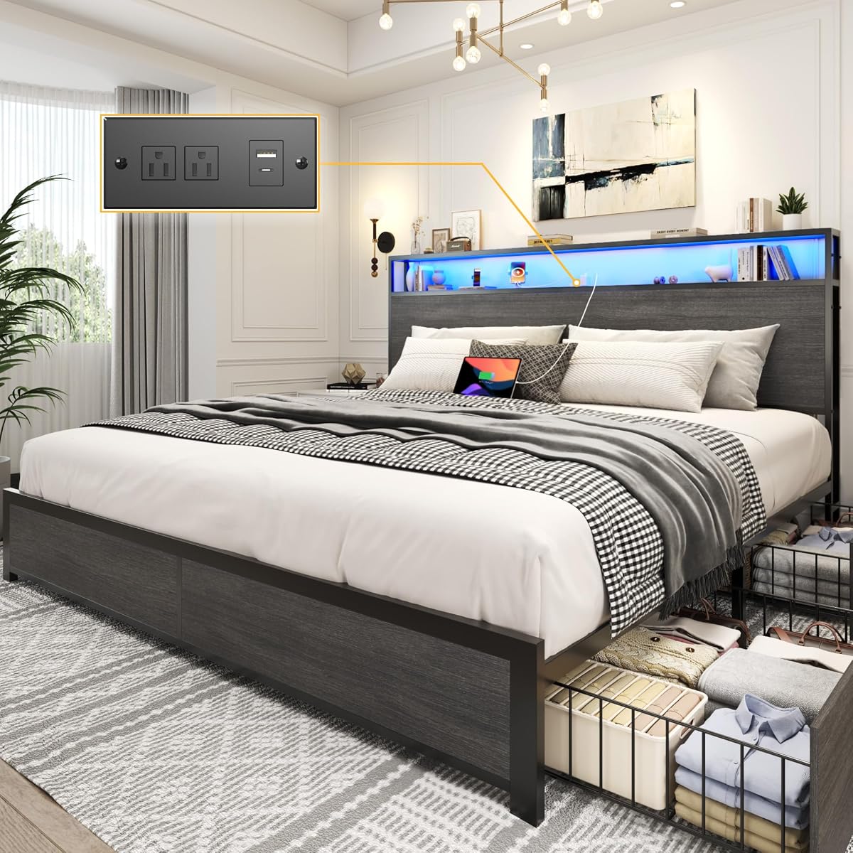 King Bed Frame with 2-Tier Storage Headboard, Metal Platform Bed Frame with 4 Storage Drawers, Built in Charging Station & LED, Noise-Free/Metal Support/No Box Spring Needed, Rustic Grey