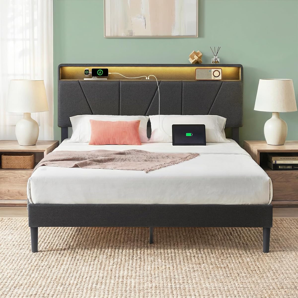 Zinus Maya Upholstered Platform Bed Frame, RGB LED Lights, Queen