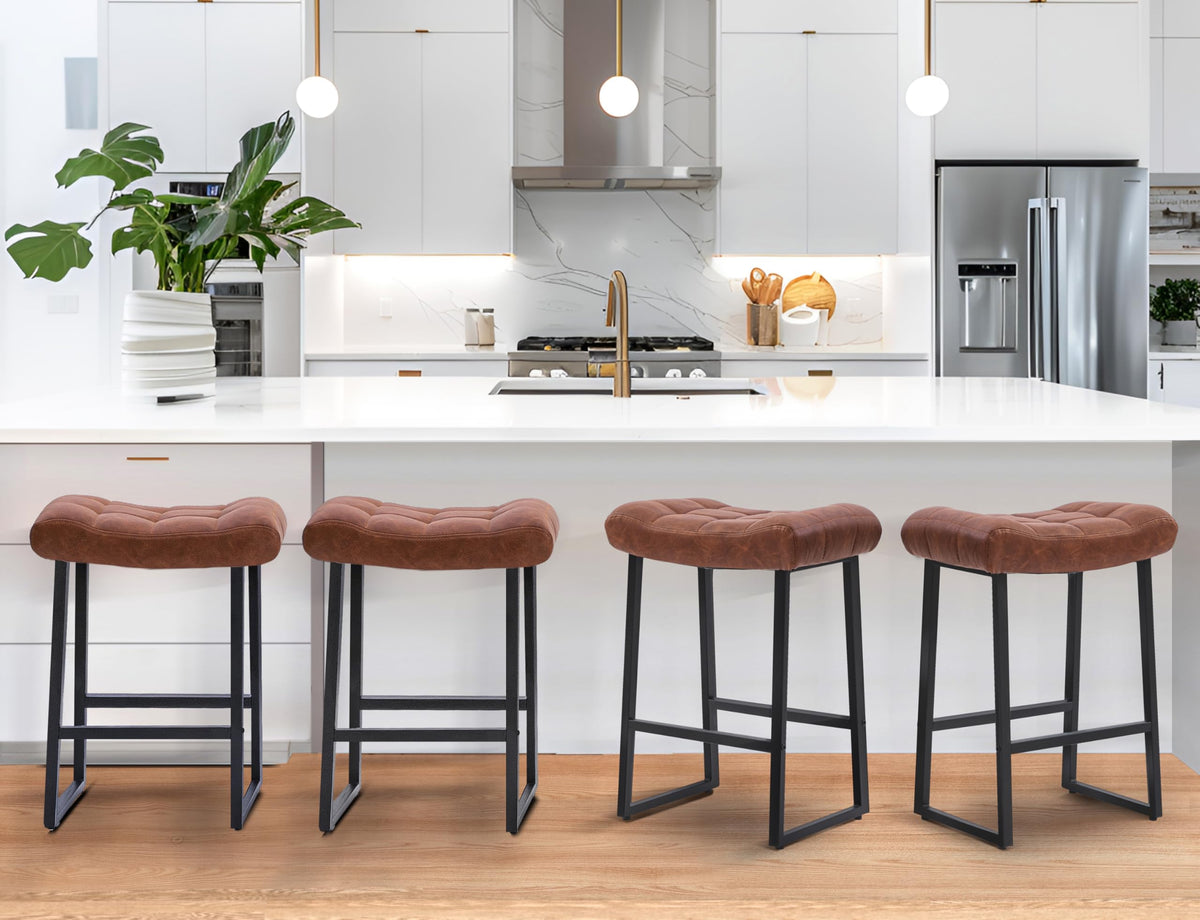 Modern Bar Stools Set of 6 for Kitchen Counter 24 inch Counter Height Backless Barstools with Upholstered Faux Leather Saddle Seat and Metal Frame Industrial Bar Chairs, Brown