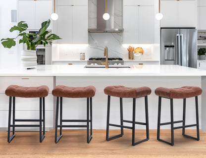 Modern Bar Stools Set of 6 for Kitchen Counter 24 inch Counter Height Backless Barstools with Upholstered Faux Leather Saddle Seat and Metal Frame Industrial Bar Chairs, Brown