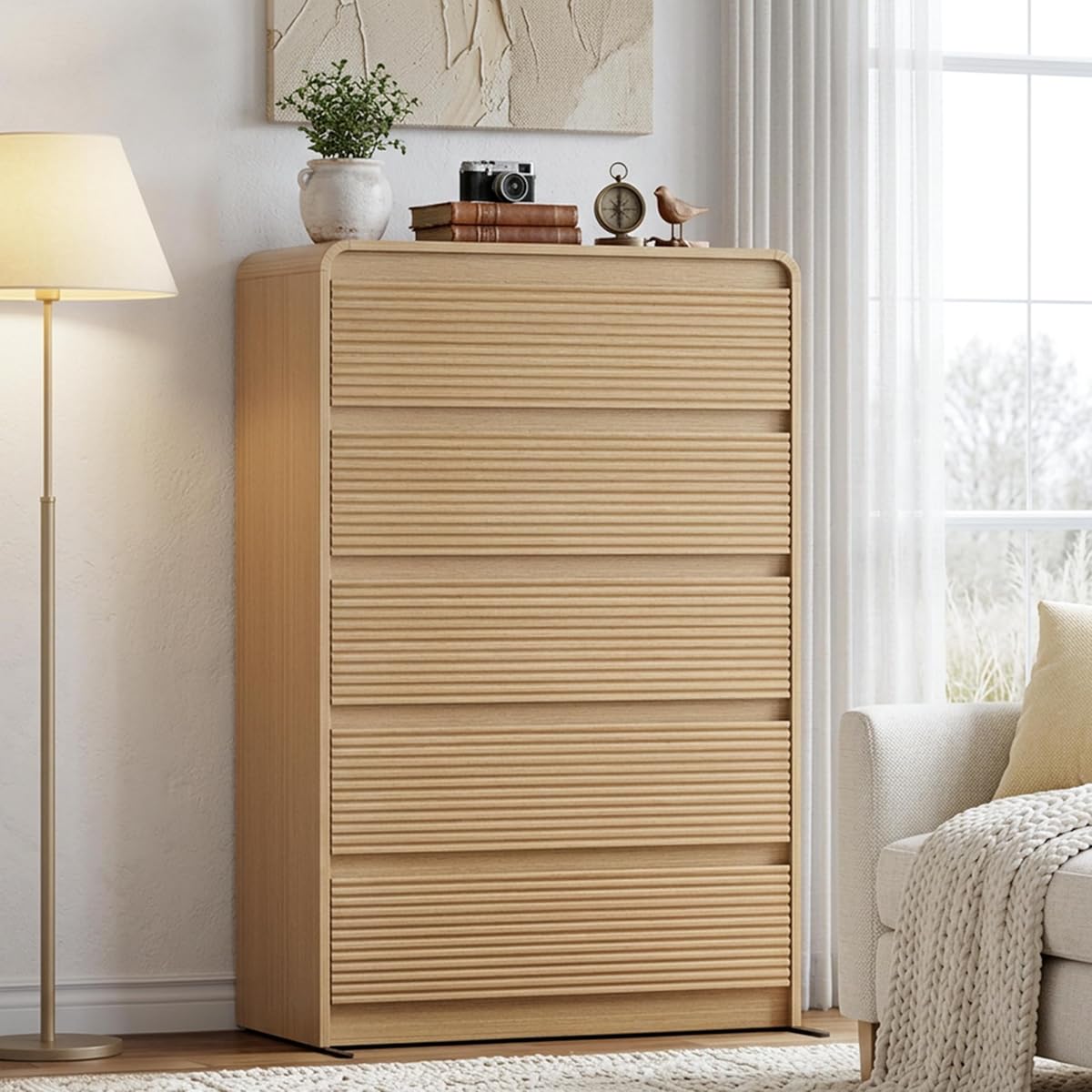 Oak Fluted 5 Drawer Dresser for Bedroom,47" Tall Modern Chest of Drawer | Curved Profile Design, Anti-Tip Kit, Smooth Slides, Wood Mid Century Storage Dresser Organizer for Living Room, Entryway