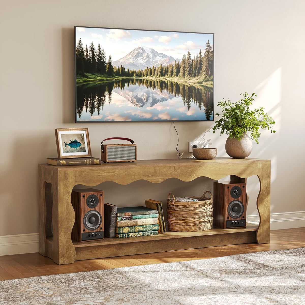 TV Stand for 65 Inch TV, Wooden Entertainment Center with Storage Cabinets, Farmhouse TV Media Console Table for Living Room, Bedroom, Open Shelf, Brown