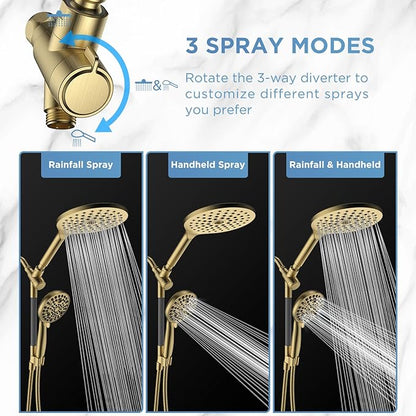 Dual Handheld Shower Head Combo, 2-in-1 Rain Shower Heads System 8 Inch Rainfall Shower Head and 10 Modes High Pressure Hand Held Showerhead with Built-in Power Wash