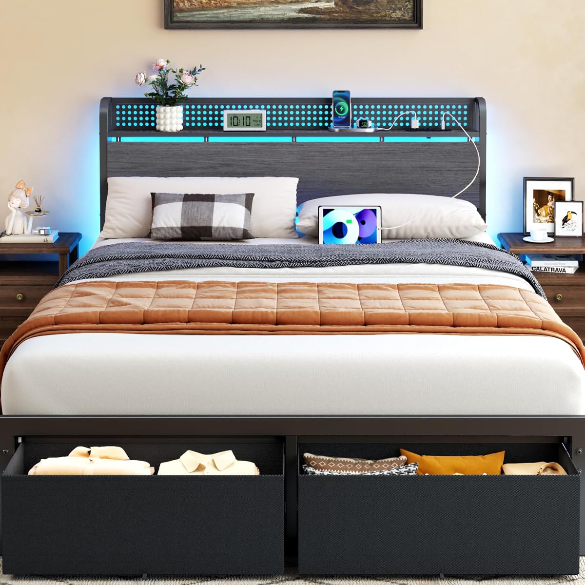 Queen Bed Frame with Storage Headboard,Charging Station,2 Drawers | 2-Tier Wood Shelves,LED Lights,1200 Lbs Capacity,USB & Type-C Ports,No Box Spring Needed,Noise Free,Easy Assembly,Rustic Grey