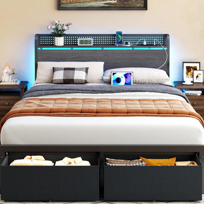 Queen Bed Frame with Storage Headboard,Charging Station,2 Drawers | 2-Tier Wood Shelves,LED Lights,1200 Lbs Capacity,USB & Type-C Ports,No Box Spring Needed,Noise Free,Easy Assembly,Rustic Grey