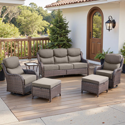 Luxury 6" Thick Cushioned 6 Pieces Patio Furniture Set with Outdoor Couch, Wicker Outdoor Conversation Set with High Back Swivel Rocker Chairs for Deck Porch Yard and Poolside - Brown+Grey
