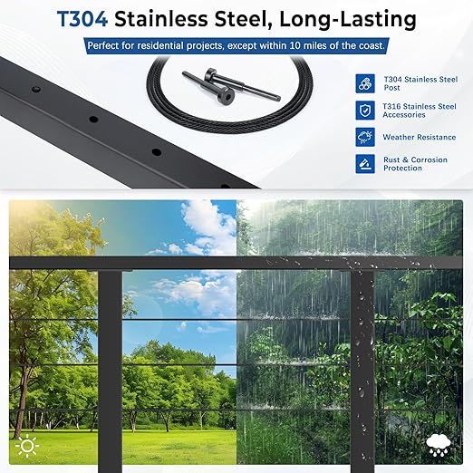36" Modular 12-16FT Black T304 Cable Railing Post Kit, Complete Cable Railing System with 4 Level Posts & 177ft 1/8" Wire Rope(No Handrail), Adjustable Length Easy DIY for Decks/Porch