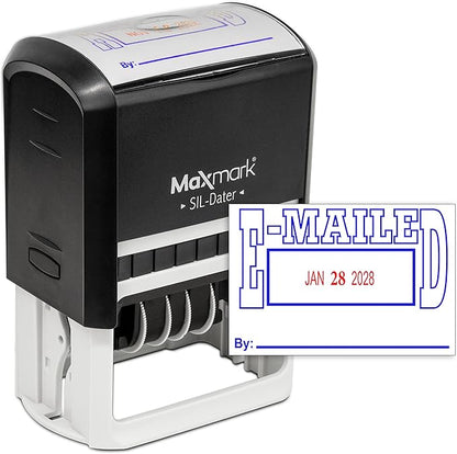 MaxMark Large Self-Inking Rubber Date Office Stamp with E-Mailed Phrase & Date - Blue/Red Ink, 12-Year Band - Style 5