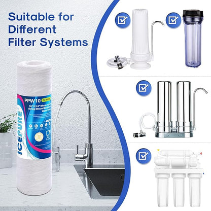 ICEPURE 20 Micron 10" x 2.5" Whole House String Wound Sediment Water Filter for Well filter Replacement for Aqua-Pure AP110, WP-5, Culligan P5, CFS110, CW-MF, WFPFC4002, Any 10 inch RO Unit, 3PACK