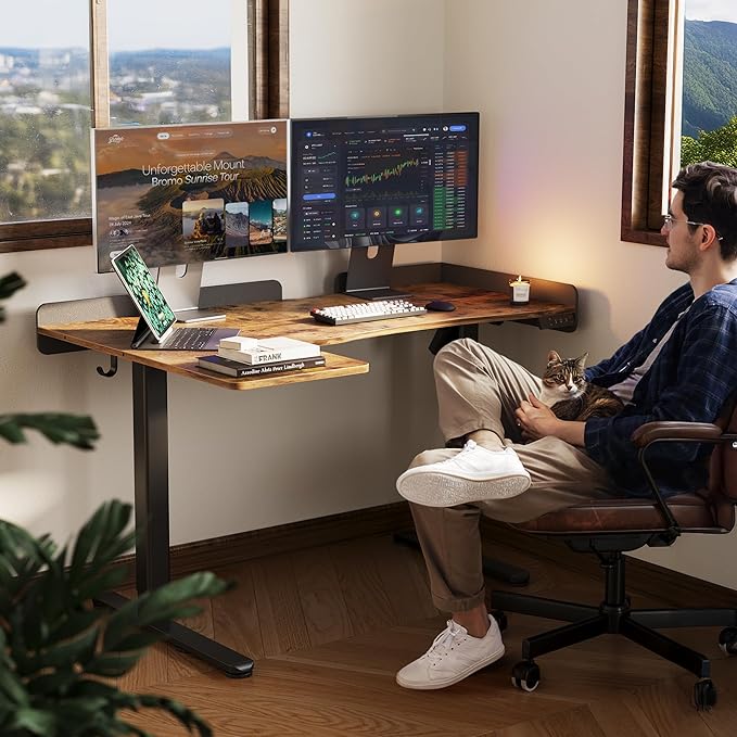 Claiks L Shaped Standing Desk, 55 Inch Electric Height Adjustable Desk Left Facing Corner Workstation with Splice Board, Rustic Brown