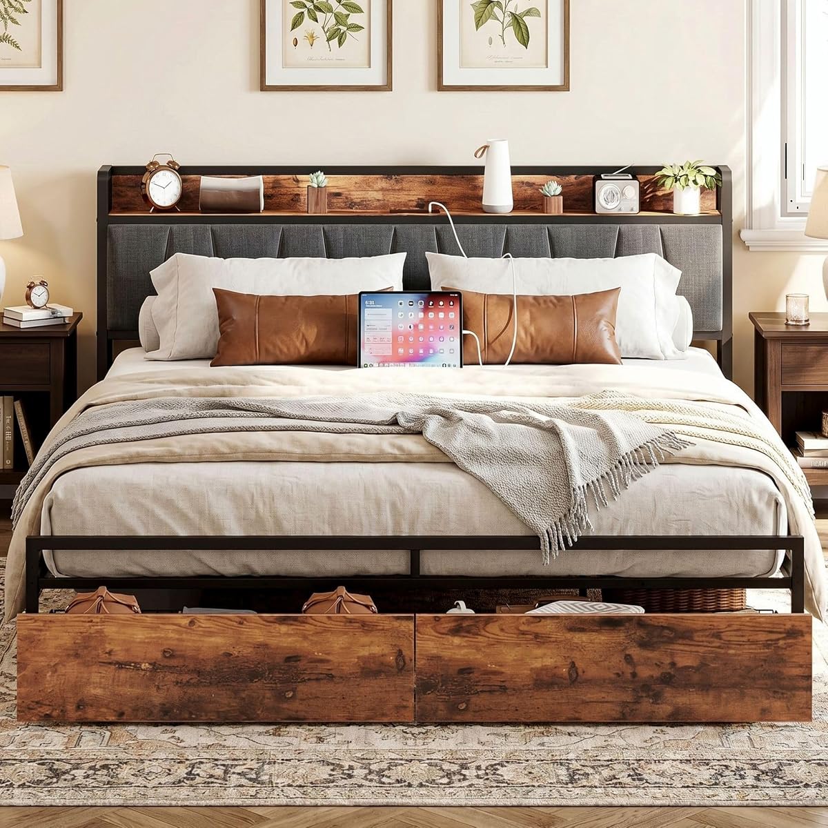 King Size Bed Frame with 2 Drawers and Charging Station | Platform Bed with Upholstered Storage Headboard, No Box Spring Needed, Easy Assembly, Sturdy, Industrial Brown and Gray