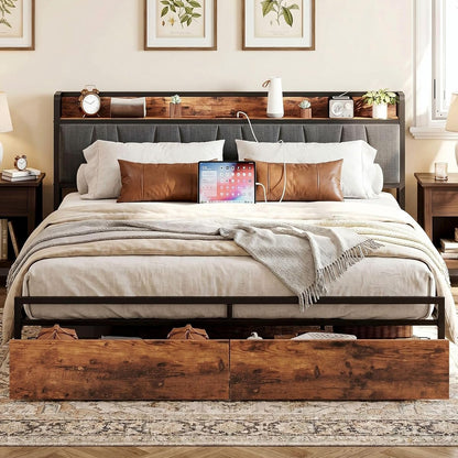 King Size Bed Frame with 2 Drawers and Charging Station | Platform Bed with Upholstered Storage Headboard, No Box Spring Needed, Easy Assembly, Sturdy, Industrial Brown and Gray