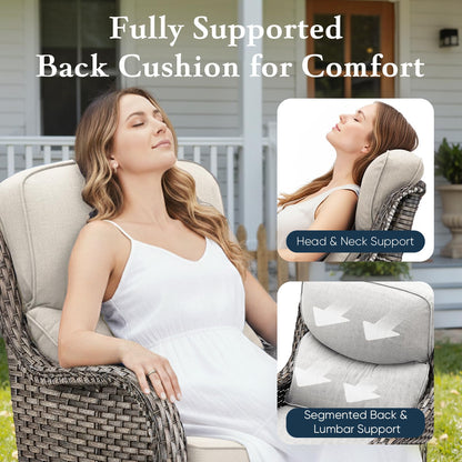 Luxury 6" Thick Cushioned Outdoor Swivel Rocker Patio Chairs of 2, High Back Wicker Patio Furniture Set with Ergonomic Zone Back, Conversation Glider Set for Deck Porch - Grey+Beige