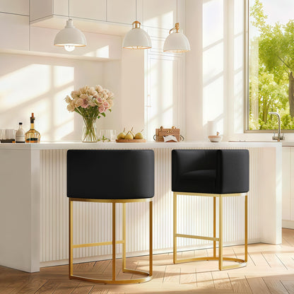 Modern Counter Height Bar Stools,Bar Stools Set of 3,PU Leather Upholstered Barrel Barstools with Backs,24'' Kitchen Island Chairs,Metal Gold Frames,Ink Black Leather
