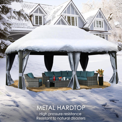 12' x 18' Hardtop Gazebo, Aluminum Frame with Galvanized Steel Double Roof, Outdoor Permanent Pavilion with Curtains and Netting for Patio, Backyard, Deck, Lawn(Gray)