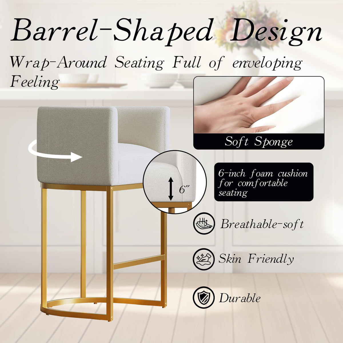 Modern Counter Height Bar Stools,Bar Stools Set of 2,Fabric Upholstered Barrel Barstools with Backs,26'' Kitchen Island Chairs,Metal Gold Frames,Off White Linen