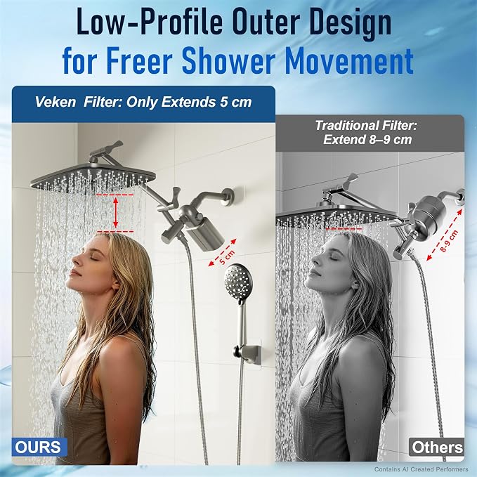 Veken Shower Filter to Reduce Chlorine, KDF Shower Head Filters with Activated Carbon and Calcium Sulfite for Filtered Shower Water, Filtro Para Ducha De Baño, One-Press Replacement, Nickel