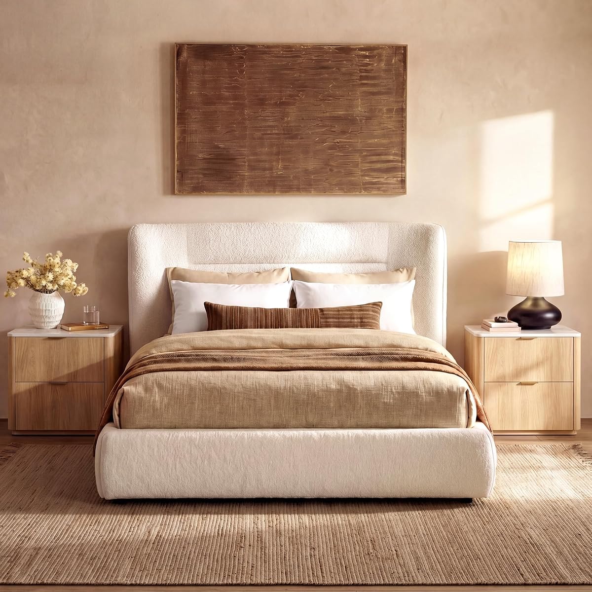 Queen Size Bed Frame, Modern Upholstered Platform Bed with Wingback Headboard, Wooden Strong Slats Support, Noise-Free, No Box Spring Needed, Easy Assembly, Beige