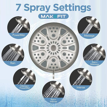 MakeFit Filtered Shower Head Brushed Nickel - High Pressure Shower Head with Filter for Hard Water Softener - 7 Settings Bathroom Rain Showerhead to Remove Chlorine and Heavy Metals