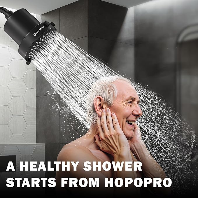 Filtered Shower Head with 5 Modes, HOPOPRO High Pressure Showerhead with Filter, 2-In-1 Fixed Showerhead Filter for Hard Water, Remove 99% Chlorine, Improves Skin Hair Condition (4 Inch Matte Black)