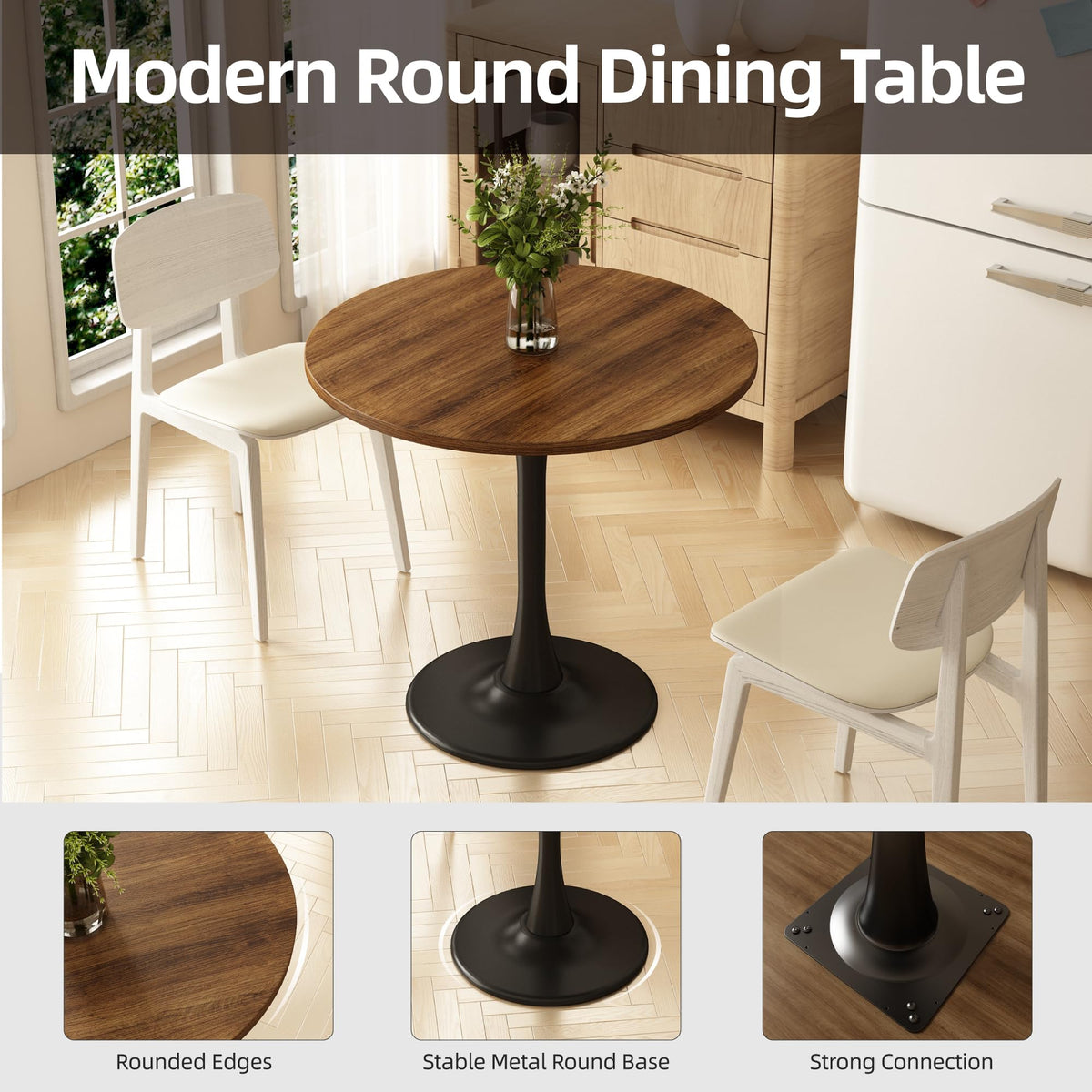 Round Dining Table 30" Circle Tulip Table with Wood Thickened Tabletop & Sturdy Metal Pedestal Mid Century Modern Farmhouse Kitchen Tables for 4 Small Places Living Room Cafe,Somber Walnut
