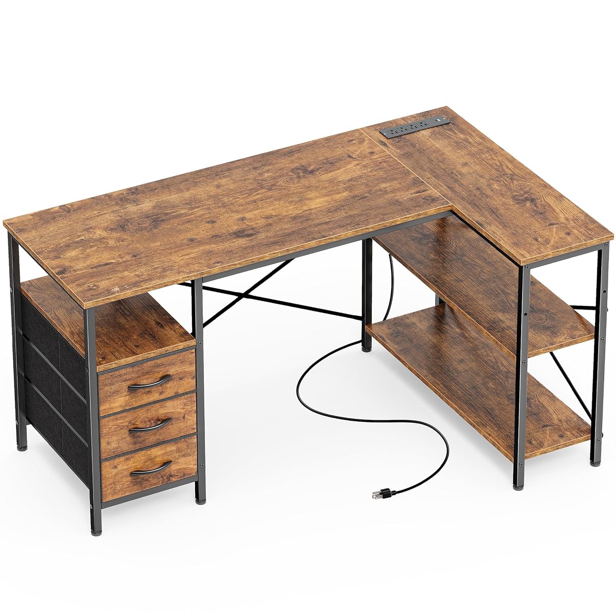 L Shaped Office Desk with Power Outlets & 3 Drawers