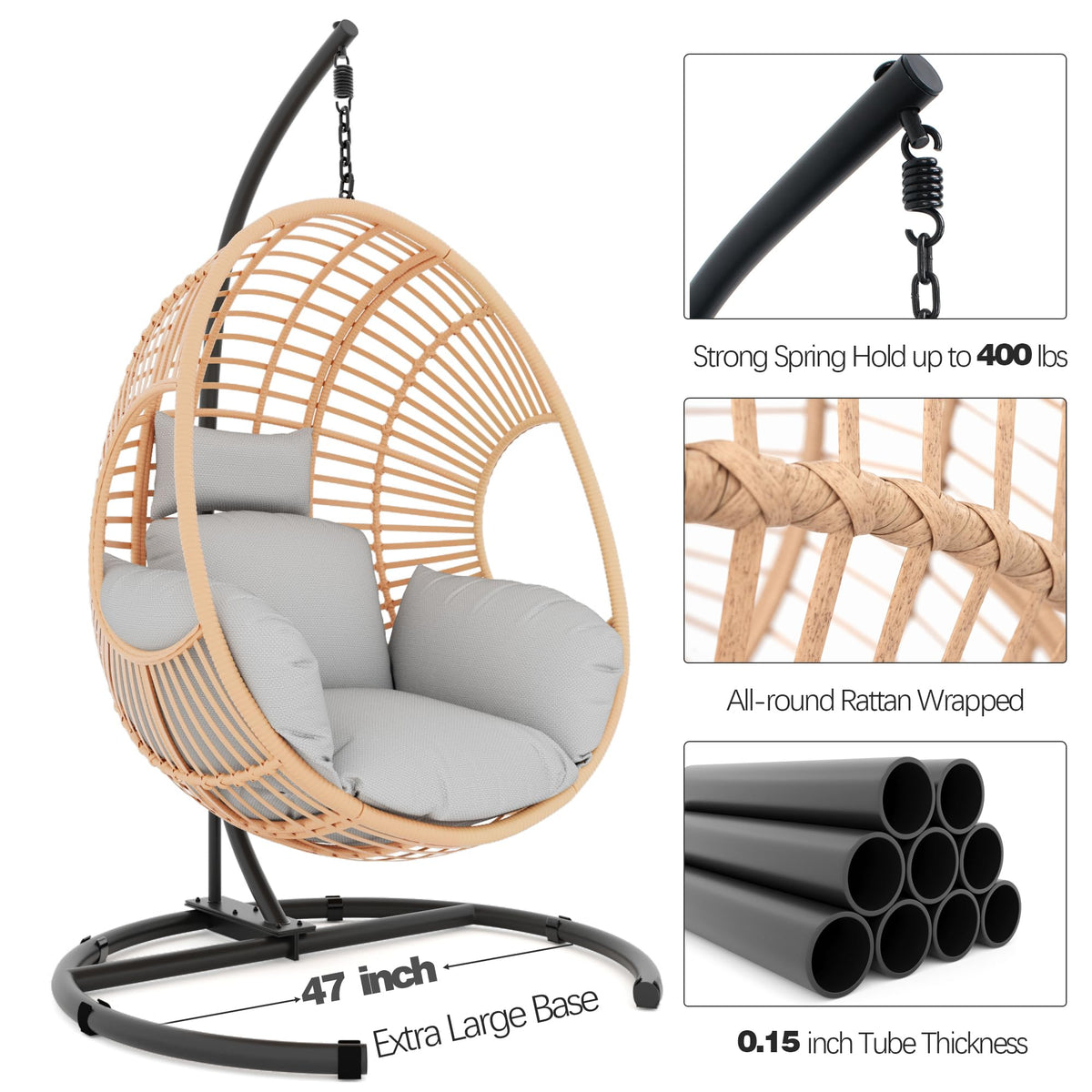Oversized Hanging Egg Chair Outdoor Indoor, Wicker Swing Egg Chair with Stand 400lbs Capacity for Bedroom, Patio, Garden and Balcony (Beige-Regular, Oversize)