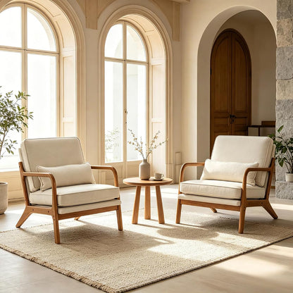 Mid-Century Accent Chairs, Set of 2, Beige Linen with Lumbar Pillow
