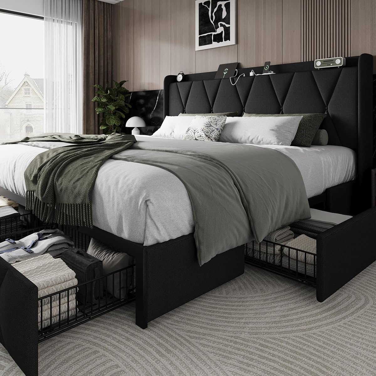King Size Bed Frame with 4 Storage Drawers and Charging Station, Upholstered Platform Bed Frame with Storage Headboard, No Box Spring Needed, Easy Assembly, Black