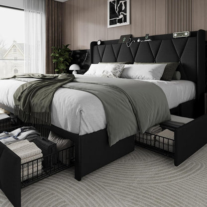 King Size Bed Frame with 4 Storage Drawers and Charging Station, Upholstered Platform Bed Frame with Storage Headboard, No Box Spring Needed, Easy Assembly, Black